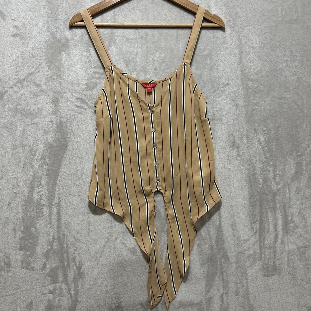 GUESS Sleeveless Raisa Striped Top XS Button Down Tie front Detail Nude Sand NWT